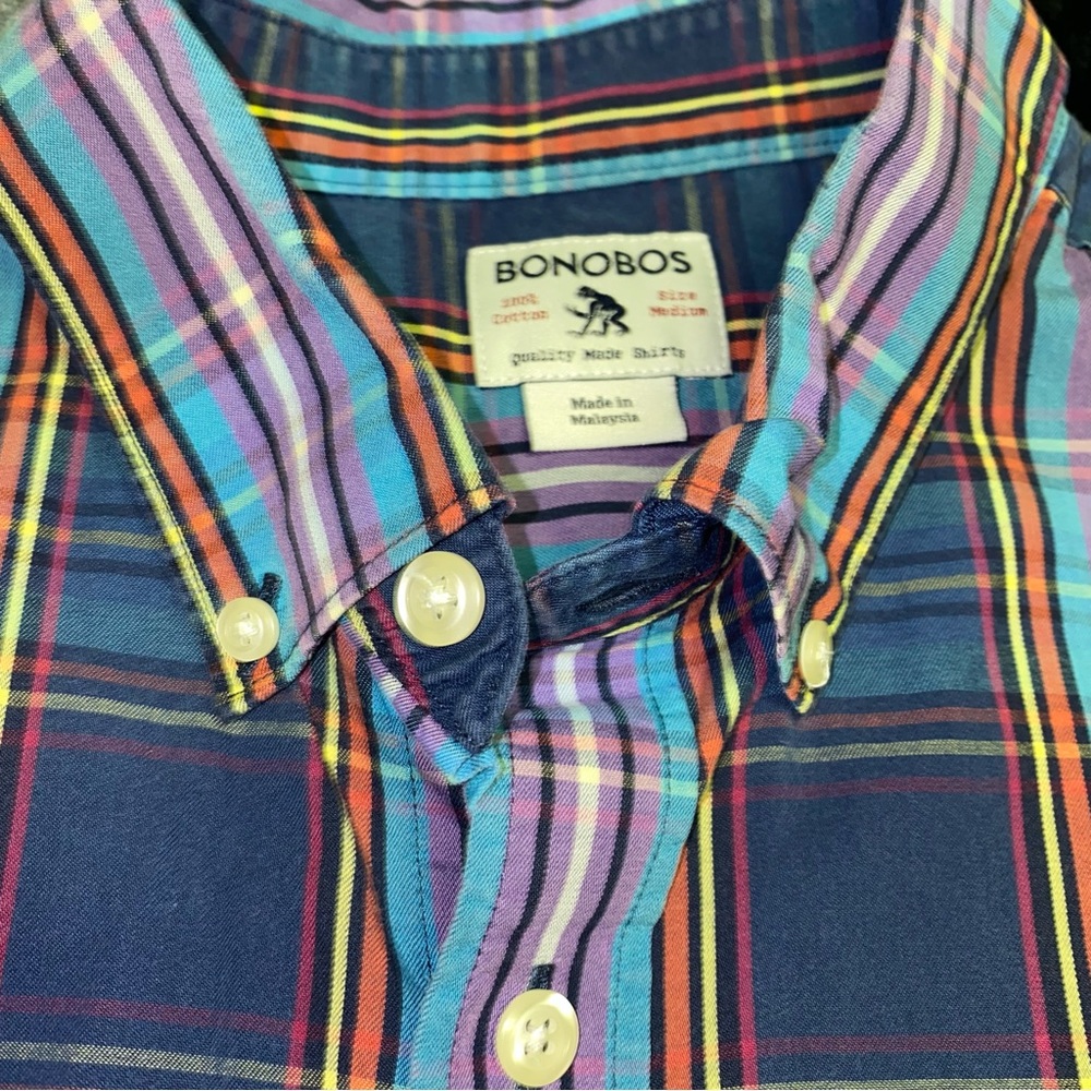 Bonobos Navy Plaid Button-Down Shirt with Teal, Purple & Orange Stripes